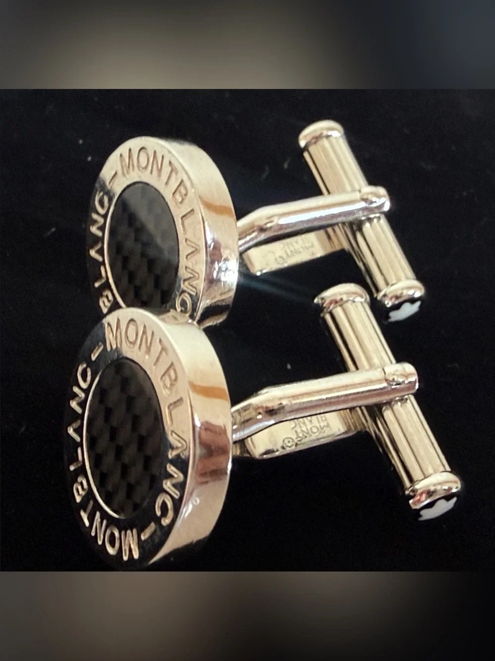 Montblanc Black and Silver Carbon Fiber Round Logo Cufflinks